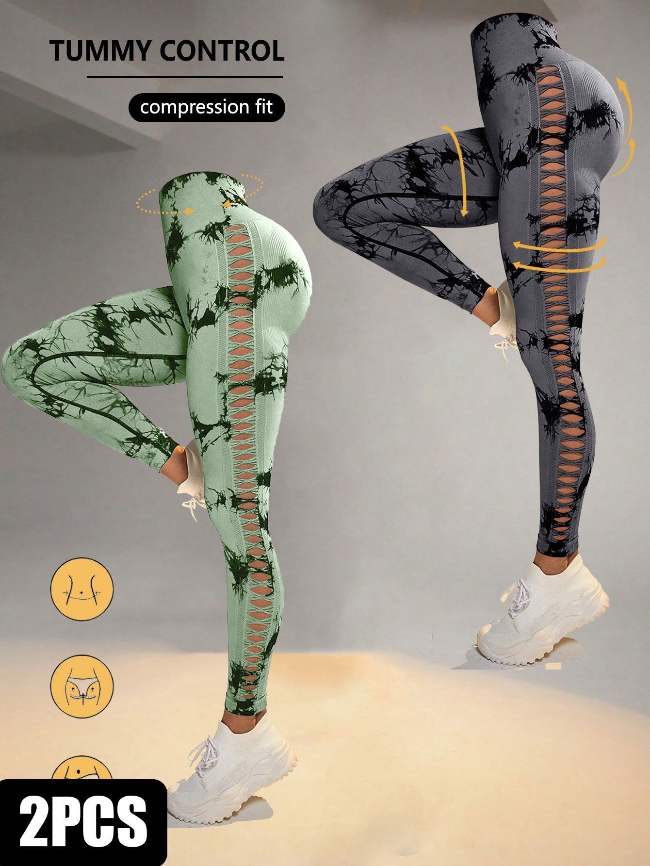 2 Pack Tie-dye Hollow High-waist Butt-lifting Women's Fitness Pants, Women's Tie Dye Cutout Tights Workout Yoga Leggings