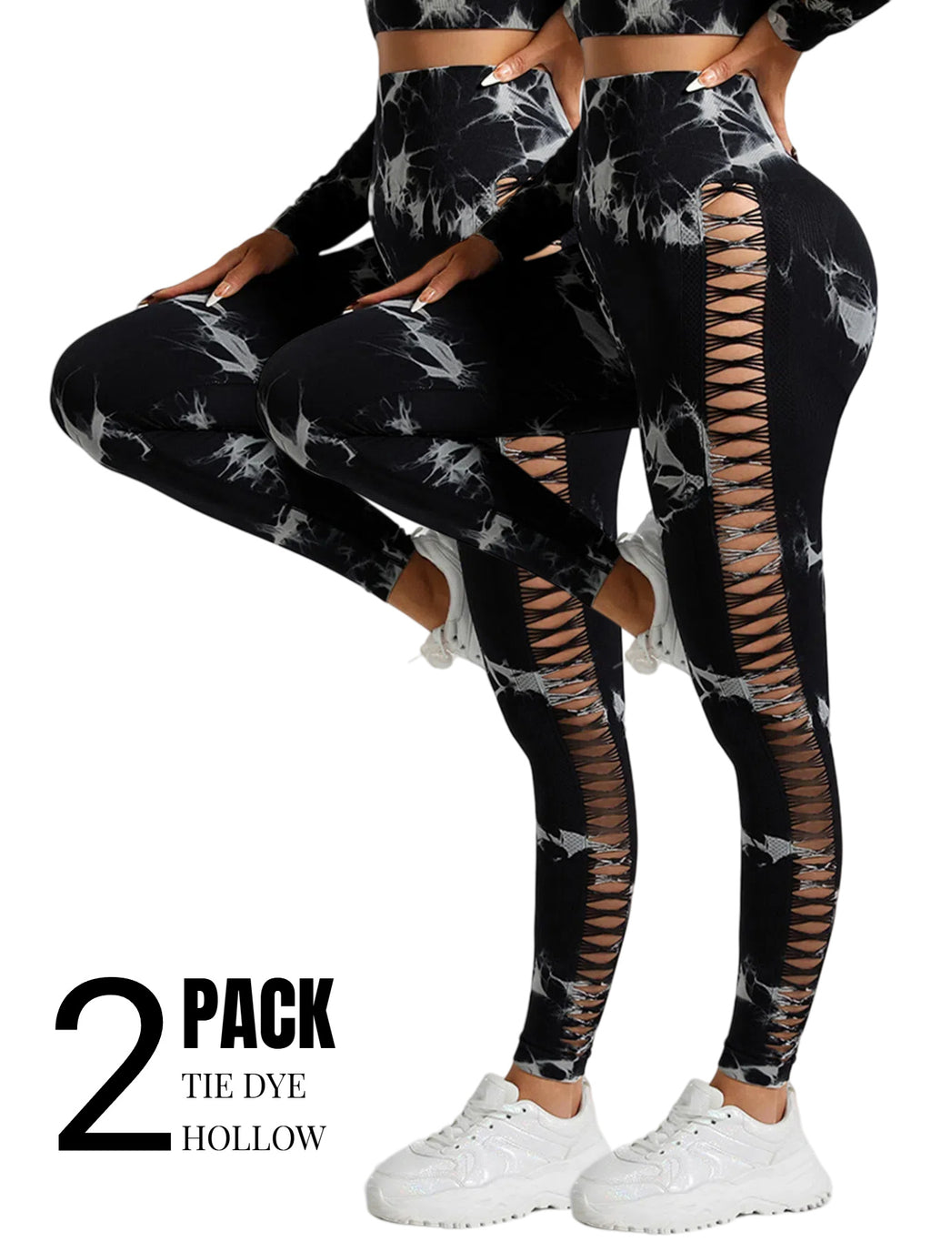 2 Pack Tie-dye Hollow High-waist Butt-lifting Women's Fitness Pants, Women's Tie Dye Cutout Tights Workout Yoga Leggings