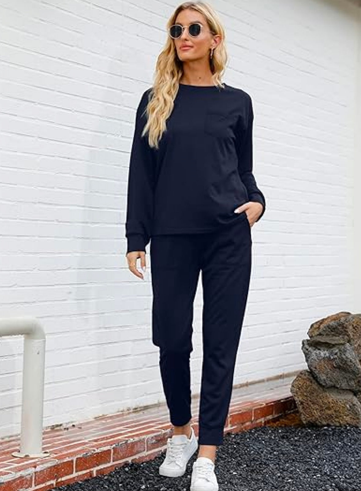 Women's Long Sleeve Suit Fashion Pullover Top And Pockets Drawstring Long Pants Solid Color Casual Sports Trouser Suit Clothing