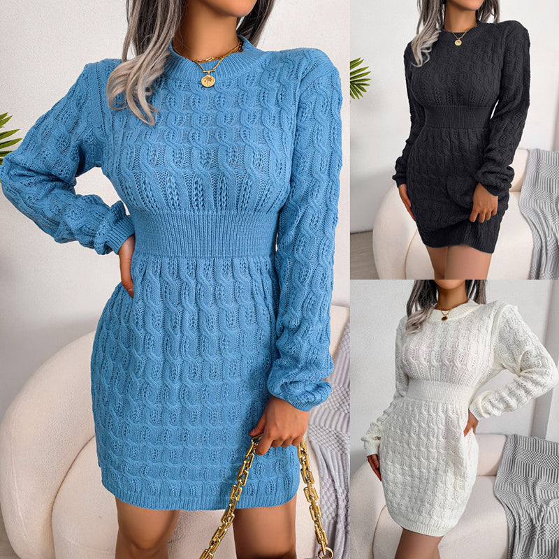 Women's Bodycon Pullover Mini Sweater Dress - Cozy Crew Neck Long Sleeve Dress For Fall Wintert