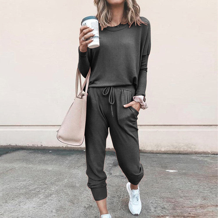 Women's Long Sleeve Suit Fashion Pullover Top And Pockets Drawstring Long Pants Solid Color Casual Sports Trouser Suit Clothing