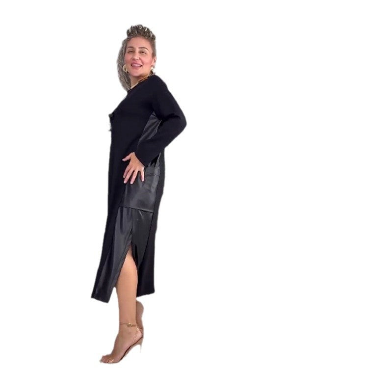 Women's New Contrast Color Leather Stitching Plus Size Dress