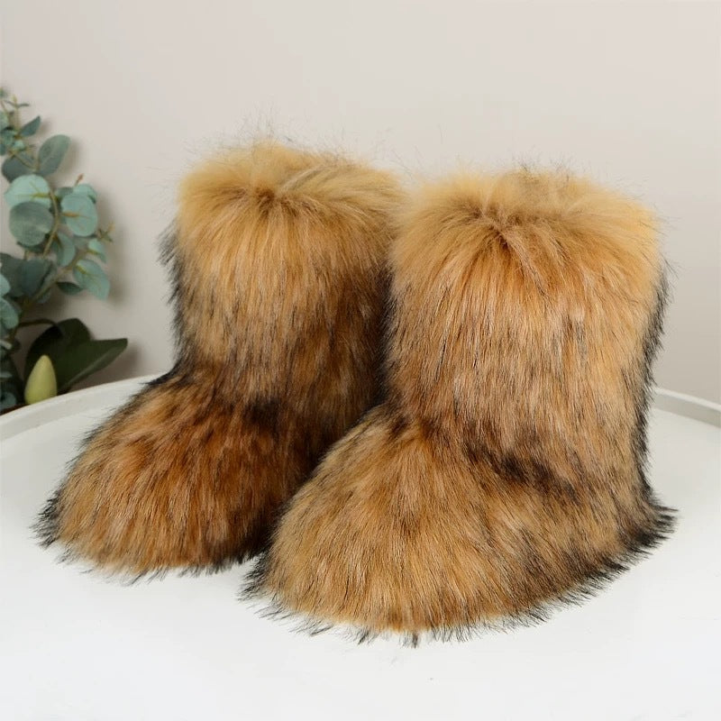 European And American Imitation Raccoon Fur Winter Warm Mid-calf Women's Shoes