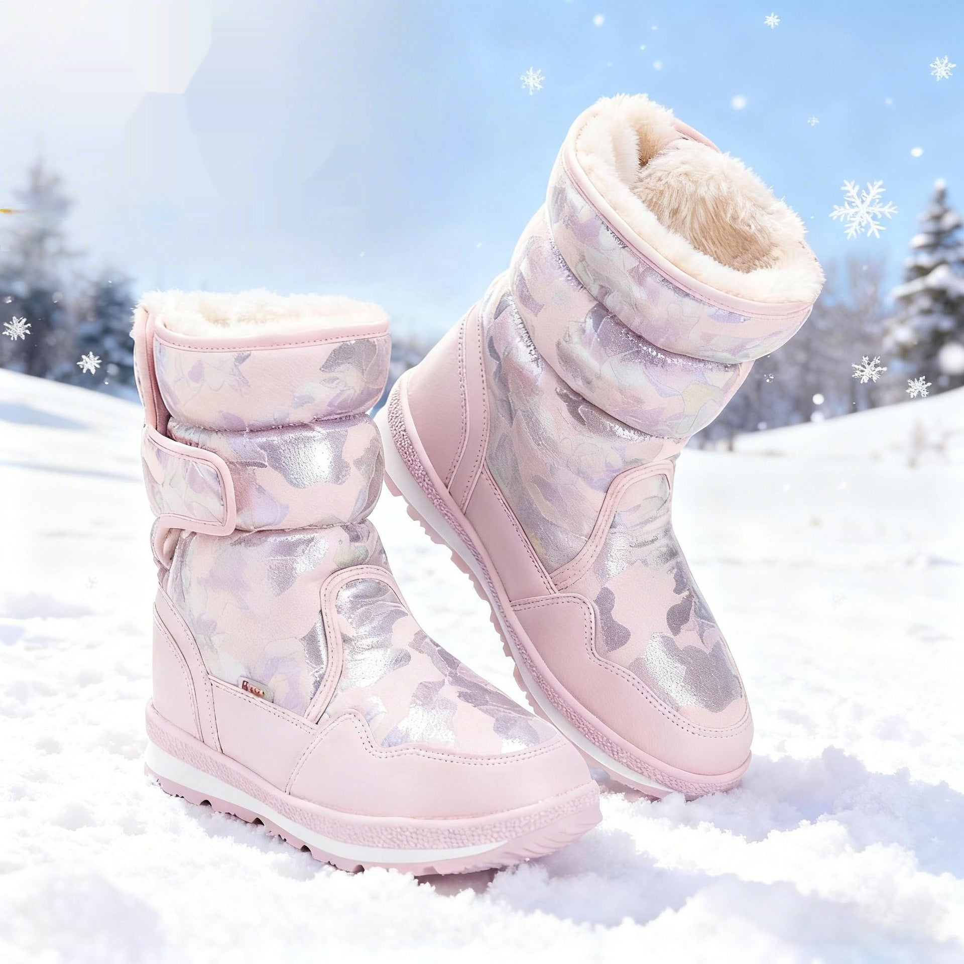 Waterproof And Slip-resistant Winter Mid-top Fleece-lined Thick Children's Winter Shoes