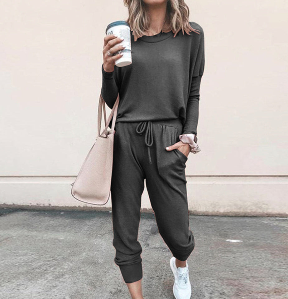 Women's Long Sleeve Suit Fashion Pullover Top And Pockets Drawstring Long Pants Solid Color Casual Sports Trouser Suit Clothing